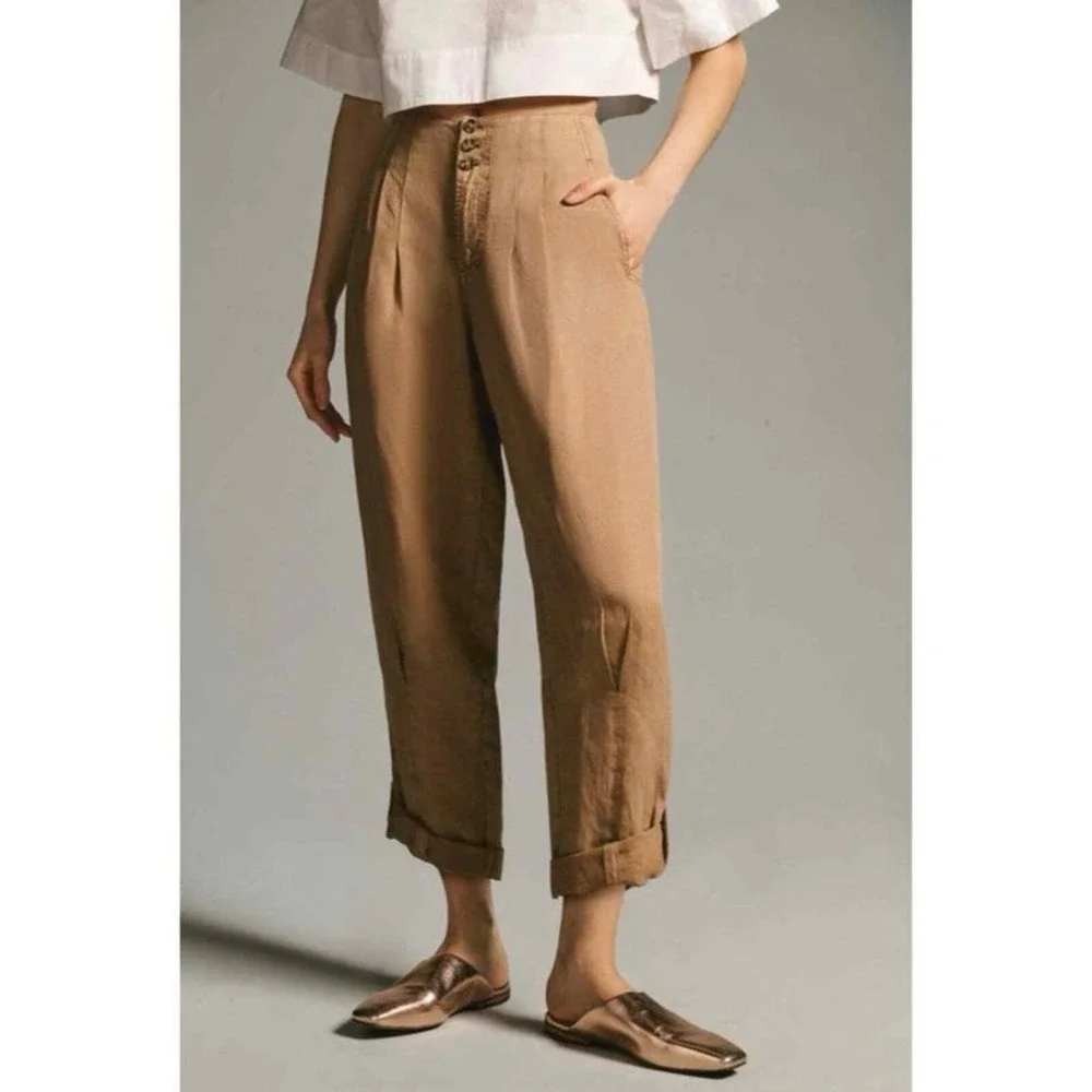 Anthropologie Tan High-Waist Pleated Trousers